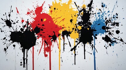 Abstract splatter of red, yellow, black, and blue paint on a white background.