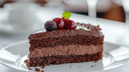   A chocolate cake with frosting & cherries on a plate, alongside a cup of coffee