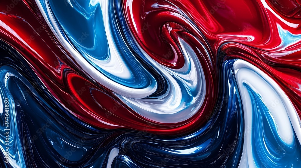 Poster abstract swirling patterns of red, white, and blue paint creating a vibrant, dynamic artwork with a 