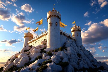 Fototapeta premium A medieval castle perched on a rocky hill, with banners flying and the sun setting behind it, casting a golden light over the scene