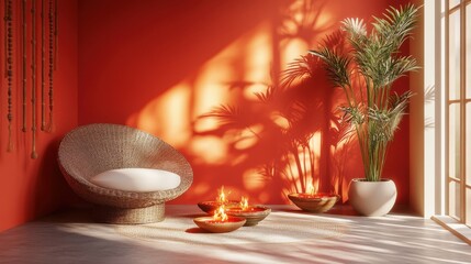 A modern Diwali scene with clean lines, bold colors, and elegant decorations