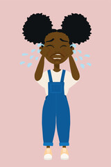 Petite fille noire couettes afro pleure grosses larmes triste salopette vecteur