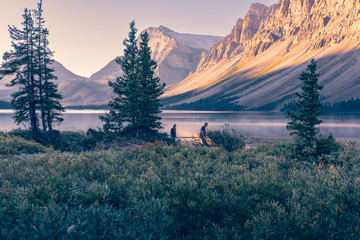Great Canadian Rockies and glacier water lake viewed along the trail of Bow Glacier Falls, Banff...