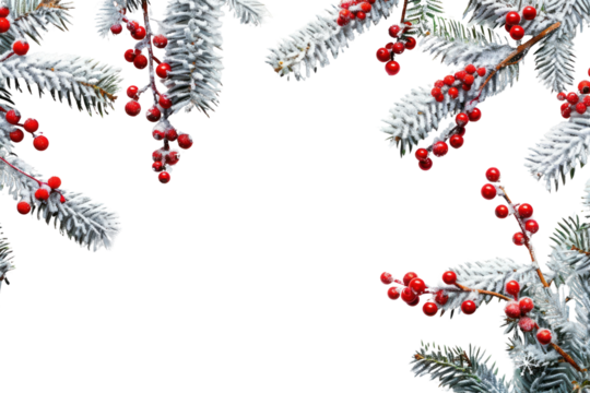 Christmas border with snow-covered fir branches and red berries on a white background christmas festival conifer.