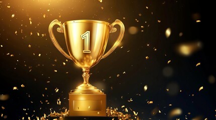 Golden award trophy on a winning podium with a number 1 medal and confetti celebrating a ceremony This vector victory banner represents competition success featuring a glass reward and