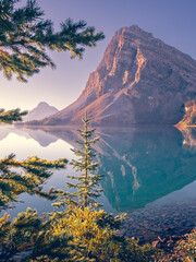 Great Canadian Rockies and glacier water lake viewed along the trail of Bow Glacier Falls, Banff National Park
