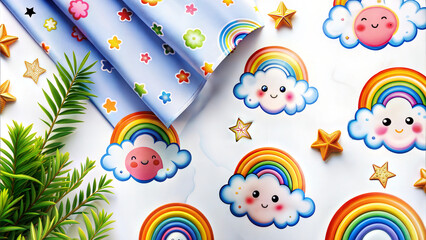 Naklejka premium Cute Rainbow and Cloud Characters with Stars and Nature Elements on Bright Background