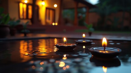 A peaceful Diwali night with glowing lamps, decorated homes, and festive joy