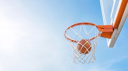 Naklejka premium Basketball net, ball mid-air with clear sky backdrop.
