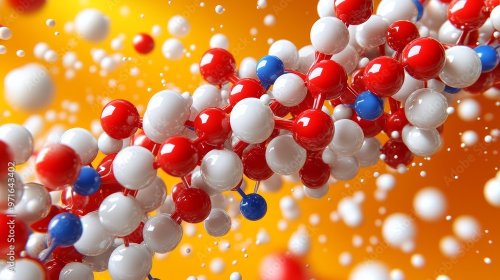 Poster vibrant molecular structure with colorful atoms and particles showcasing intricate chemical relation