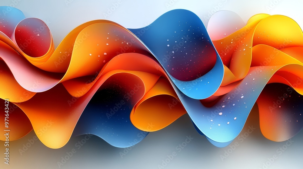 Poster vibrant wave of colorful abstract shapes, blending orange and blue, creating a dynamic visual flow a