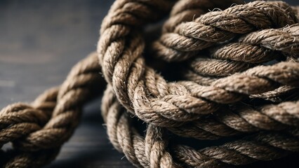 Detailed close-up of coiled tug of war rope, natural fibers texture, artistic composition, copy space