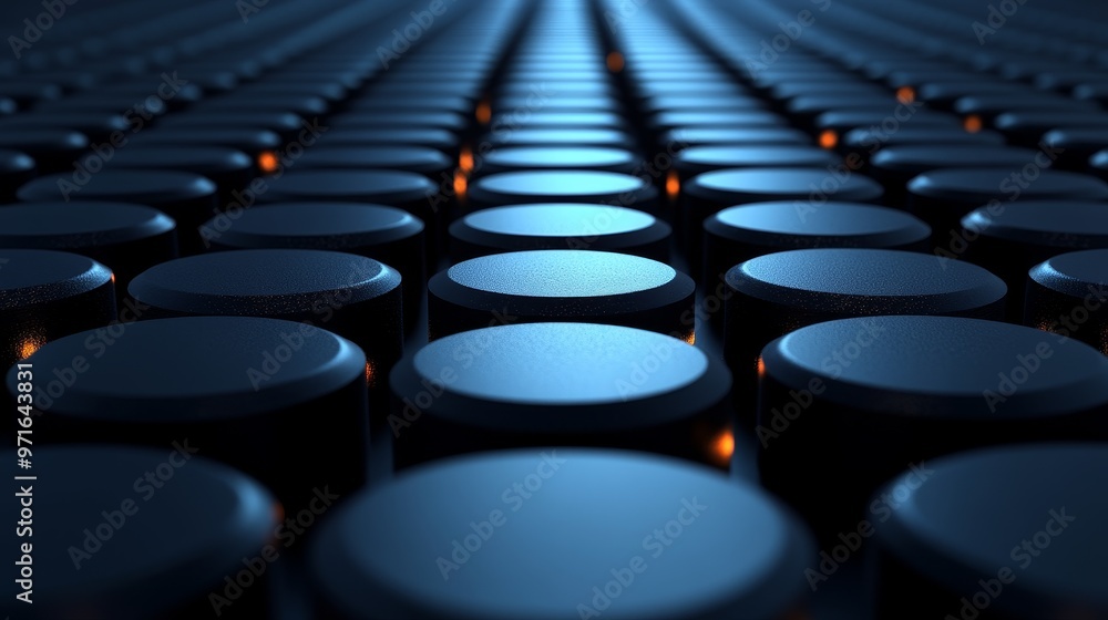 Aufkleber a close-up view of illuminated round buttons creating a deep perspective with a soothing blue glow, 