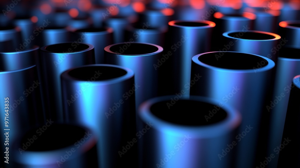 Poster a close-up view of metallic pipes arranged in a dynamic pattern with blue and red illumination, show