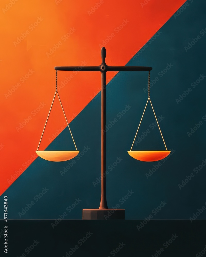 Poster a modern artistic representation of balance with a scale, showcasing contrasting colors for a dynami