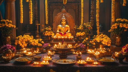 Fototapeta premium A rich Dhanteras display with Lord Dhanvantari idol, oil lamps, and gold offerings