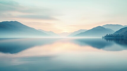 A serene background featuring a calm landscape with soft colors and gentle light