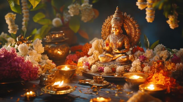 A rich Dhanteras display with Lord Dhanvantari idol, oil lamps, and gold offerings