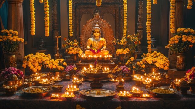 A rich Dhanteras display with Lord Dhanvantari idol, oil lamps, and gold offerings