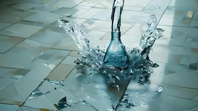 A clear bottle filled with water accidentally slips and falls onto a tiled floor, breaking and spilling water everywhere in a well-lit area.