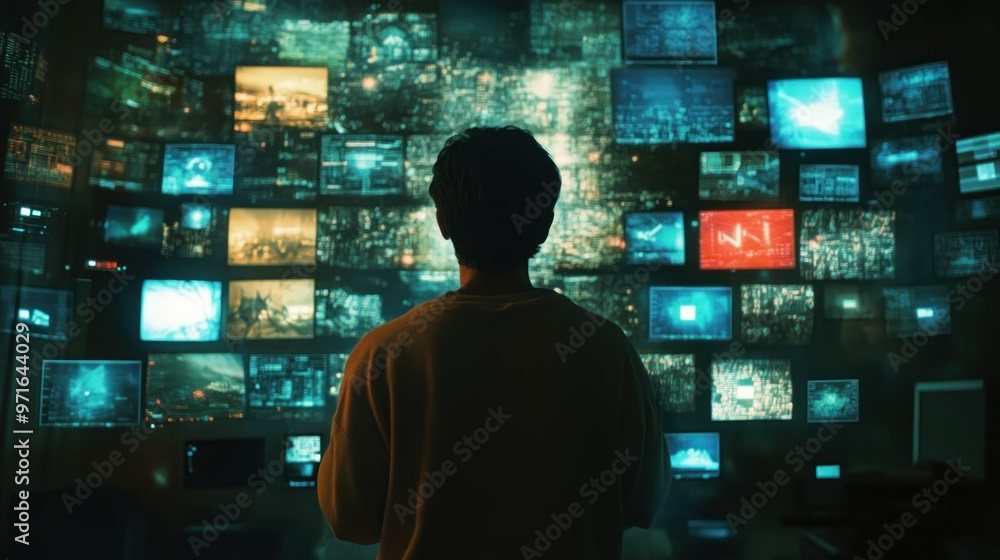 Aufkleber a lone figure stands before a wall of glowing screens displaying data and code.