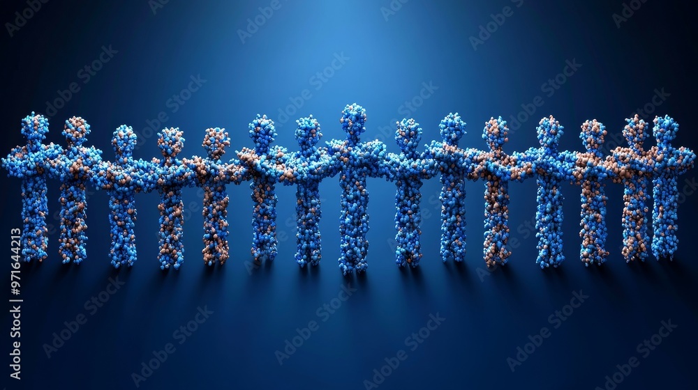 Poster a creative representation of unity and teamwork, showcasing colorful figures holding hands against a