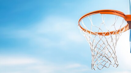 Basketball scoring through net, cloudless sky backdrop.