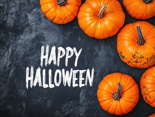 A group of pumpkins with the text "HAPPY HALLOWEEN" Halloween theme, flat lay background Generative AI