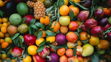 A colorful mix of fresh fruits including oranges, limes, pineapples, and more.