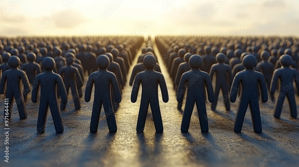 Poster a dynamic scene depicting a large group of abstract figures, symbolizing unity, individuality, and c