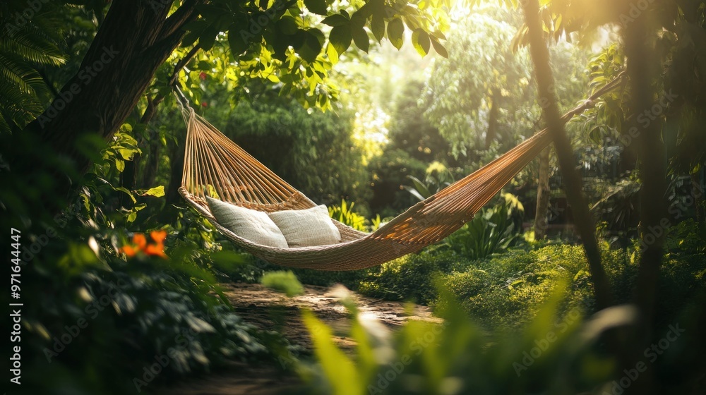 Poster A Hammock Slung Between Trees in a Lush, Sun-Dappled Forest