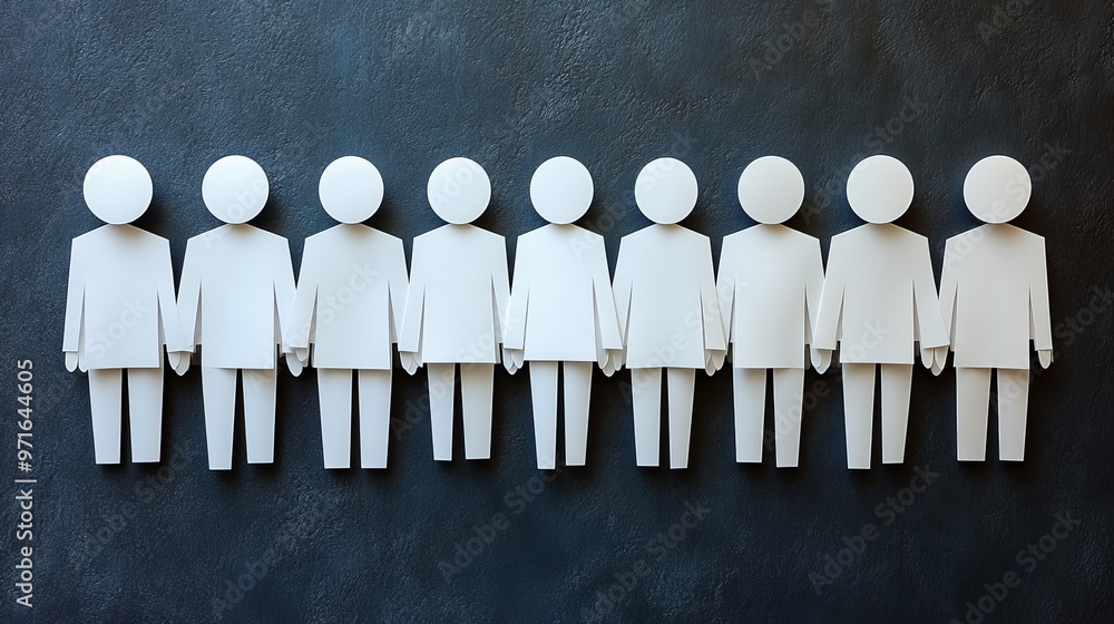 Poster a lineup of simplistic white figurines arranged in a row, representing unity, teamwork, or community