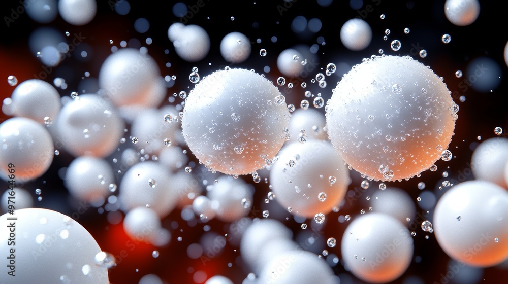 Poster a mesmerizing view of white spheres surrounded by bubbles, showcasing a dynamic and visually appeali