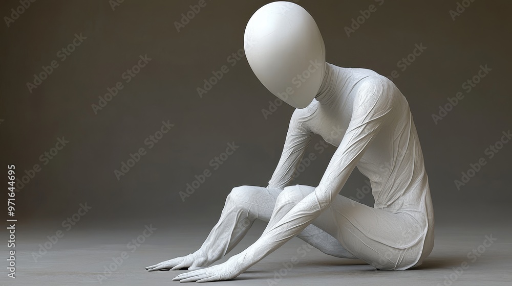 Poster a minimalist humanoid figure in a contemplative pose, showcasing emotion and vulnerability with a sm
