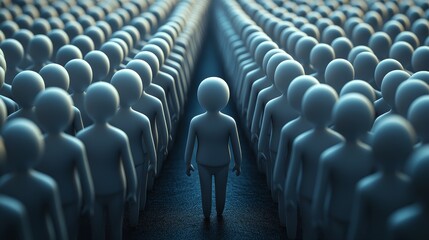 Obraz premium A lone figure stands out in a sea of identical silhouettes, symbolizing individuality amidst conformity in a modern context.