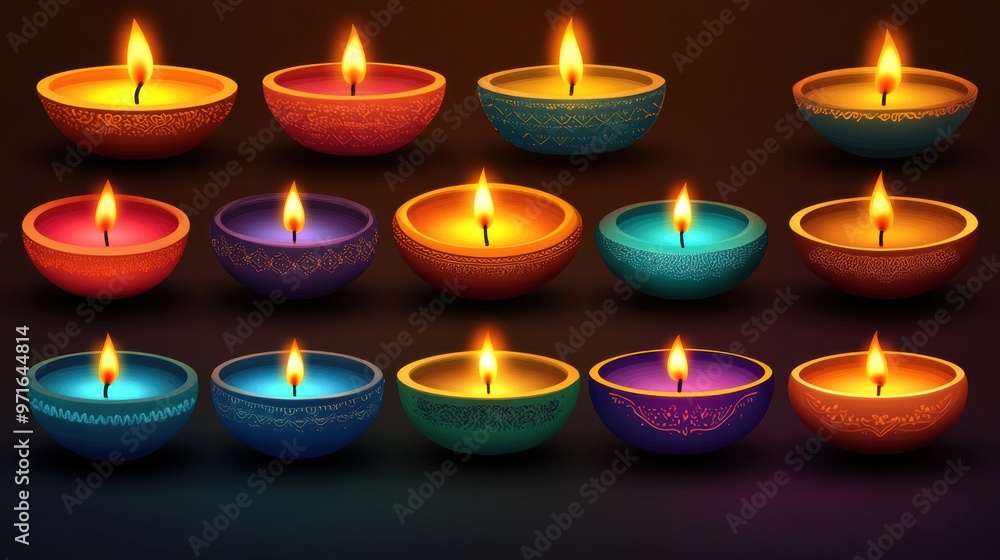 Wall mural A set of Diwali candle clipart featuring glowing candles in various designs and colors