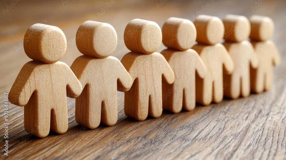 Poster a row of wooden figurines representing teamwork and collaboration in a modern workspace setting.