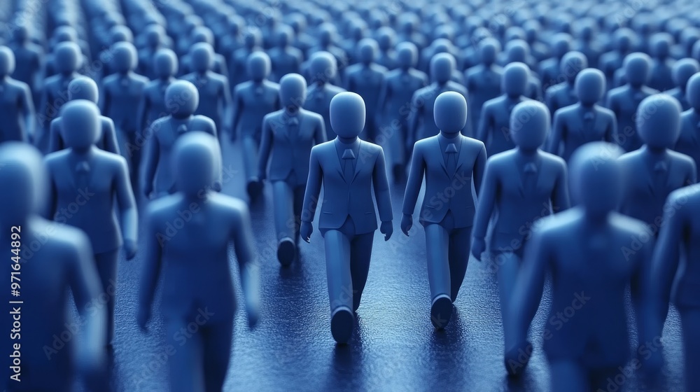 Poster a sea of abstract blue figures representing unity and collective movement toward a common purpose or