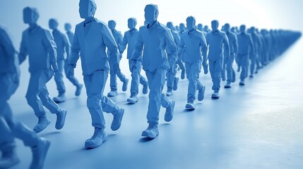 A row of abstract blue figures walking together, symbolizing unity, movement, and teamwork in a modern and stylized design.