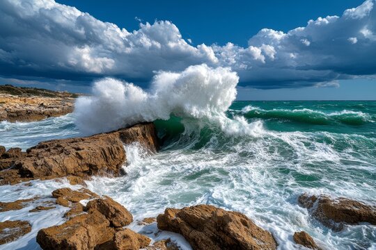 A stormy seascape, with waves crashing violently against jagged rocks under a brooding, cloud-filled sky
