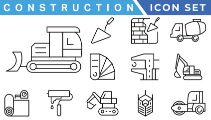 Construction line icons set. Home repair tools outline icons collection. Construction tools, builders and equipment symbols. Builder, crane, engineering, equipment, helmet, tool, house