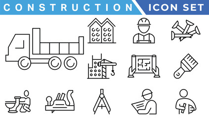 Construction line icons set. Home repair tools outline icons collection. Construction tools, builders and equipment symbols. Builder, crane, engineering, equipment, helmet, tool, house