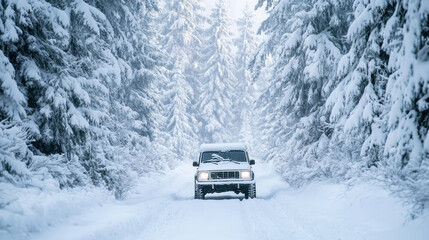 SUV driving through a snow-covered forest road surrounded by tall, snow-laden pine trees. The vehicle navigates the remote, icy landscape, emphasizing winter adventure and isolation