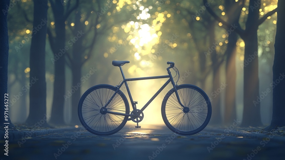 Poster a solitary bicycle stands in a misty forest, illuminated by soft sunlight filtering through lush tre
