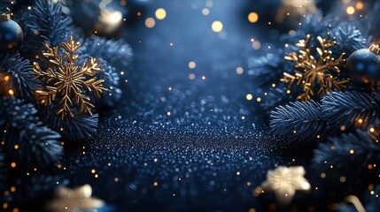 Fototapeta premium A stylish blue Christmas banner with snowflakes, twinkling lights, and festive text