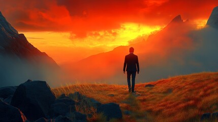 Obraz premium A solitary figure stands against a breathtaking sunset, surrounded by mountains and vibrant clouds, evoking a sense of adventure.