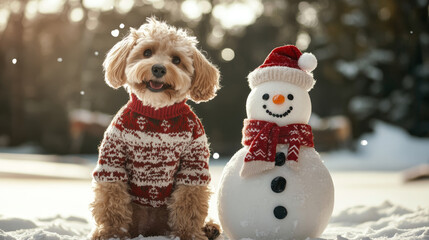 Adorable dog wearing a festive sweater sitting beside a snowman with a Santa hat in a snowy yard. The joyful winter scene captures holiday warmth and fun