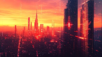 Obraz premium A futuristic cityscape at sunset with glowing red lights and lines of data.