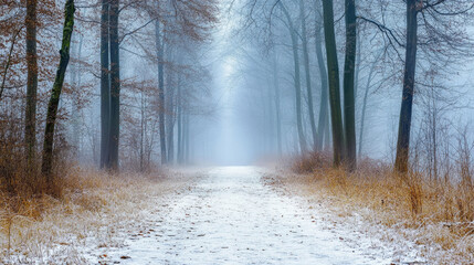 Obraz premium Snow-covered forest path lined with tall trees disappearing into thick fog creating a peaceful and mysterious winter scene