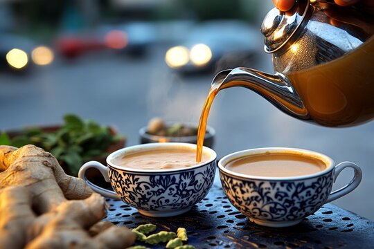 A tea stall on the streets of India, with a chaiwala pouring spiced chai between two cups, the air filled with the scent of cardamom and ginger
